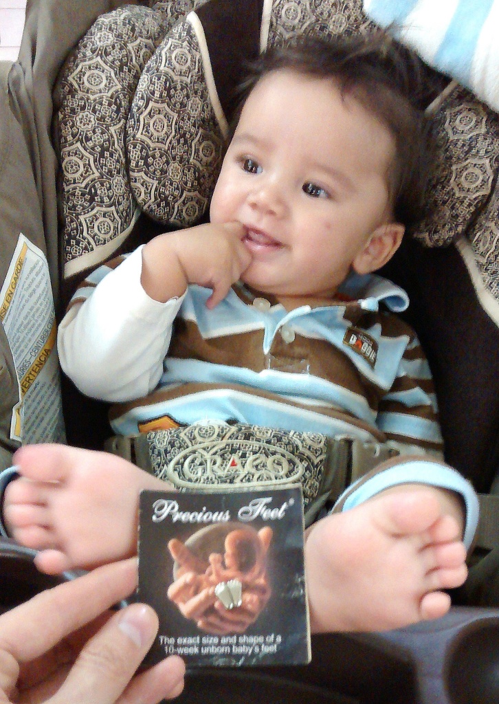 Five month old Noah's feet are much bigger now than they were at 10 weeks (like the pin) when he was almost aborted!